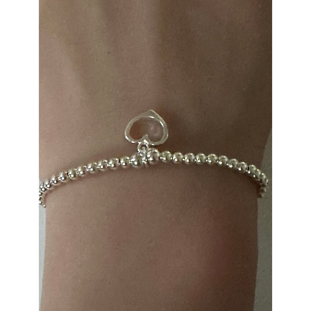 925 Sterling Silver Beaded Stretch Stacking Bracelet Heart Charm Minimalist S7" - Picture 3 of 5